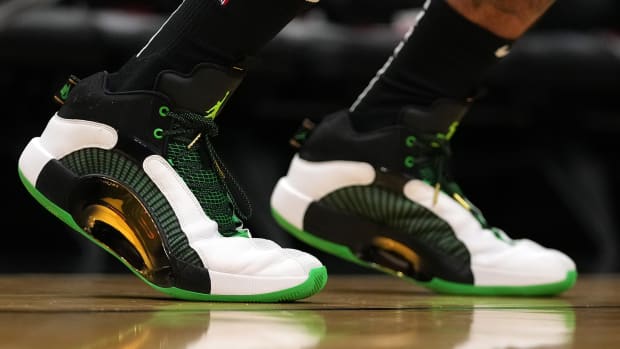 View of Jayson Tatum's shoes.